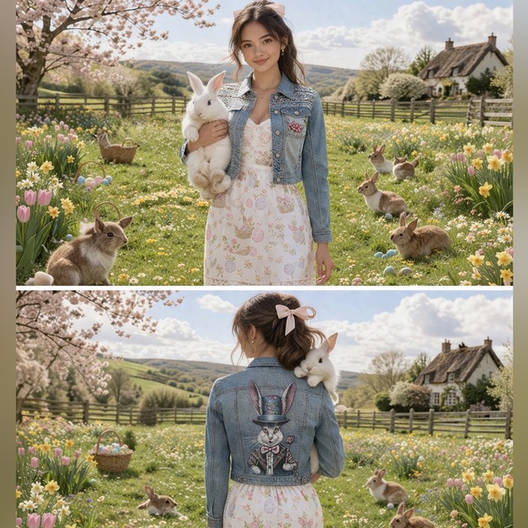 American Rag Other - American Rag handpainted denim jean jacket Easter bunny rabbit sz LG girls OOAK